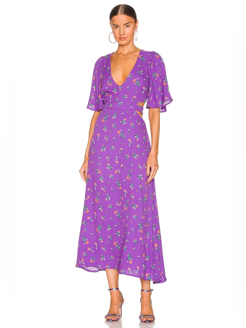 AFRM Purple Floral V-Neck Midi Dress